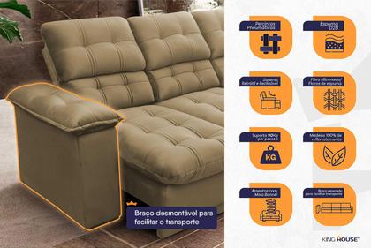 Sofá Retrátil Reclinável Atenas 2,30m Suede Velut Bege c/ Molas no Assento - King House Imagem de Sofá Retrátil Reclinável Atenas 2,30m Suede Velut Bege c/ Molas no Assento - King House