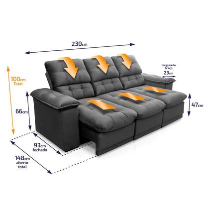 Imagem de Sofá Retrátil Reclinável Atenas 2,30m Suede Velut Cinza c/ Molas no Assento - King House