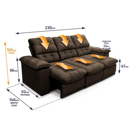 Imagem de Sofá Retrátil Reclinável Atenas 2,30m Suede Velut Marrom c/ Molas no Assento - King House