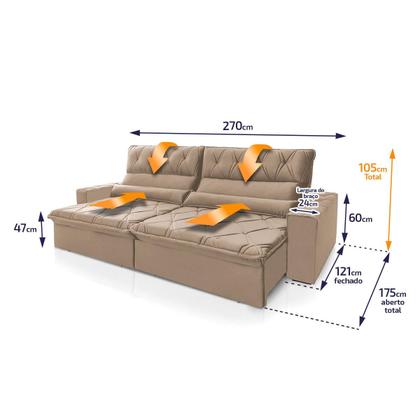 Imagem de Sofá Retrátil/Reclinável França 2,70m Suede Velut Bege c/ Molas no Assento - King House
