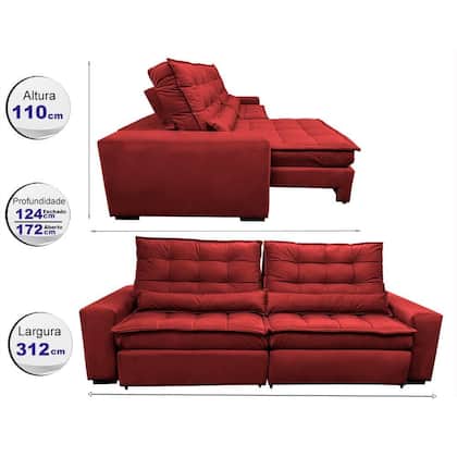 Imagem de Sofá Retrátil, Reclinável, Molas Ensacadas Cama inBox Gold 3,12m Tecido Suede Velusoft Vermelho