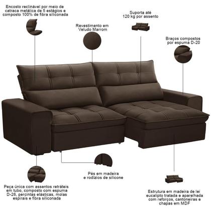 Imagem de Sofá Retrátil Reclinável Para Sala 3 Lugares 230cm Asaph F04 Veludo Marrom - Lyam Decor