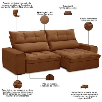 Imagem de Sofá Retrátil Reclinável Para Sala 3 Lugares 230cm Asaph F04 Veludo Terracota - Lyam Decor