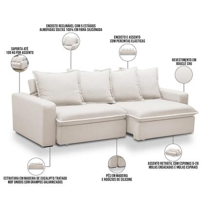 Imagem de Sofá Retrátil Reclinável Para Sala de Estar Living 195cm Vêneto F04 Bouclê Cru - Lyam Decor