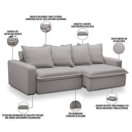 Imagem de Sofá Retrátil Reclinável Para Sala de Estar Living 195cm Vêneto F04 Veludo Cinza - Lyam Decor