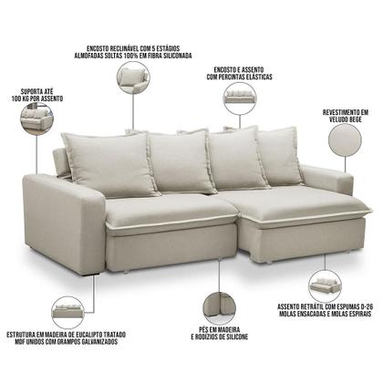 Imagem de Sofá Retrátil Reclinável Para Sala de Estar Living 215cm Vêneto F04 Veludo Bege - Lyam Decor