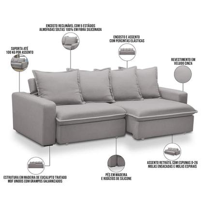 Imagem de Sofá Retrátil Reclinável Para Sala De Estar Living 215cm Vêneto F04 Veludo Cinza - Lyam Decor