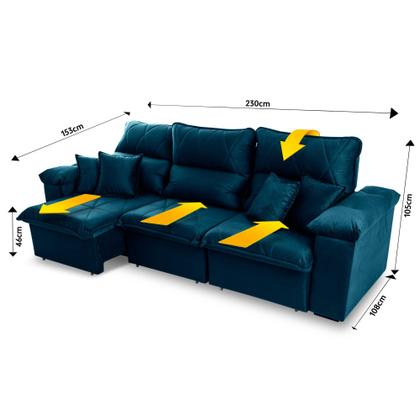 Imagem de Sofá Retrátil/Reclinável Trento 2,30m Suede Velut Azul c/ Molas no Assento - King House