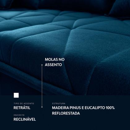 Imagem de Sofá Retrátil/Reclinável Trento 2,30m Suede Velut Azul c/ Molas no Assento - King House