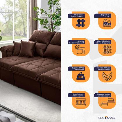 Imagem de Sofá Retrátil/Reclinável Trento 2,30m Suede Velut Marrom c/ Molas no Assento - King House