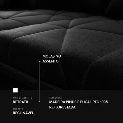 Imagem de Sofá Retrátil/Reclinável Trento 2,30m Suede Velut Preto c/ Molas no Assento - King House
