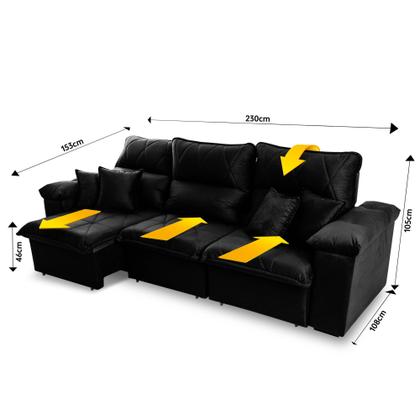 Imagem de Sofá Retrátil/Reclinável Trento 2,30m Suede Velut Preto c/ Molas no Assento - King House