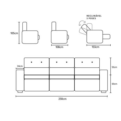 Imagem de Sofá Retrátil/Reclinável Trento 2,30m Suede Velut Preto c/ Molas no Assento - King House