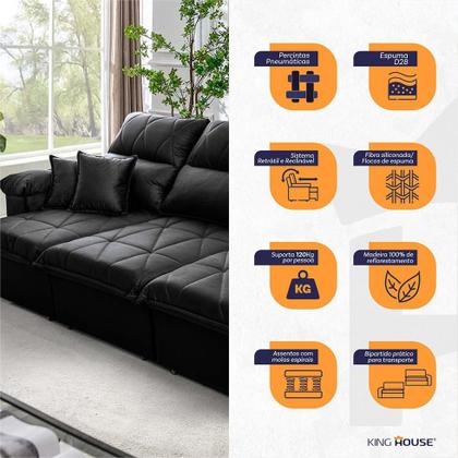 Imagem de Sofá Retrátil/Reclinável Trento 2,30m Suede Velut Preto c/ Molas no Assento - King House