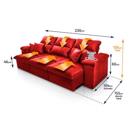 Imagem de Sofá Retrátil Reclinável Trento 2,30m Suede Velut Vermelho Molas no Assento - King House