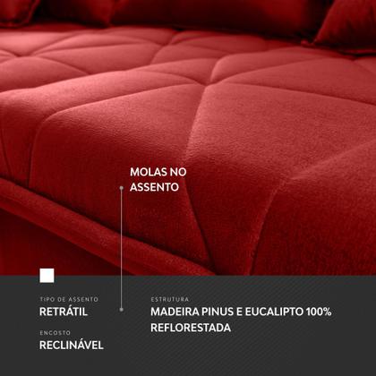 Imagem de Sofá Retrátil Reclinável Trento 2,30m Suede Velut Vermelho Molas no Assento - King House