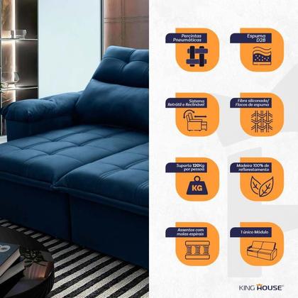 Imagem de Sofá Retrátil/Reclinável Verona 1,50m Suede Velut Azul Marinho c/ Molas no Assento - King House
