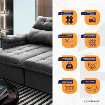 Imagem de Sofá Retrátil/Reclinável Verona 1,80m Suede Velut Cinza c/ Molas no Assento - King House