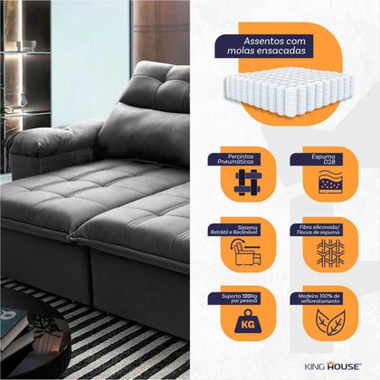 Imagem de Sofá Retrátil Reclinável Verona 1,80m Suede Velut Cinza Molas Ensacadas - King House