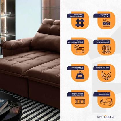 Imagem de Sofá Retrátil/Reclinável Verona 1,80m Suede Velut Marrom c/ Molas no Assento - King House