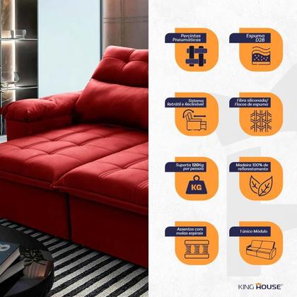 Imagem de Sofá Retrátil/Reclinável Verona 1,80m Suede Velut Vermelho c/ Molas no Assento - King House