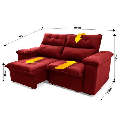 Imagem de Sofá Retrátil/Reclinável Verona 1,80m Suede Velut Vermelho c/ Molas no Assento - King House