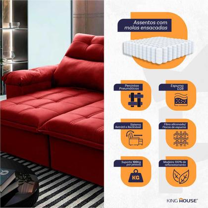 Imagem de Sofá Retrátil Reclinável Verona 1,80m Suede Velut Vermelho Molas Ensacadas - King House
