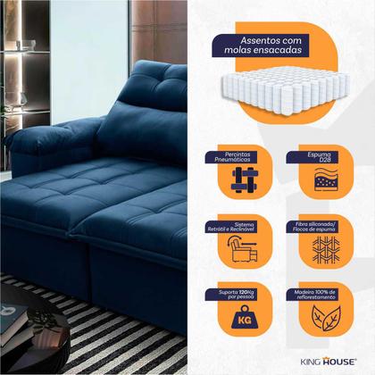 Imagem de Sofá Retrátil Reclinável Verona 2,00m Suede Velut Azul Molas Ensacadas - King House