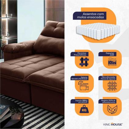 Imagem de Sofá Retrátil Reclinável Verona 2,00m Suede Velut Marrom Molas Ensacadas - King House