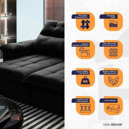 Imagem de Sofá Retrátil/Reclinável Verona 2,00m Suede Velut Preto c/ Molas no Assento - King House