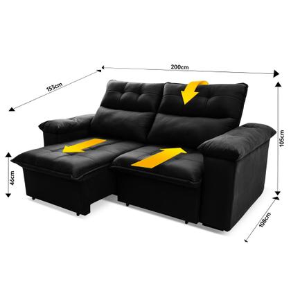 Imagem de Sofá Retrátil/Reclinável Verona 2,00m Suede Velut Preto c/ Molas no Assento - King House