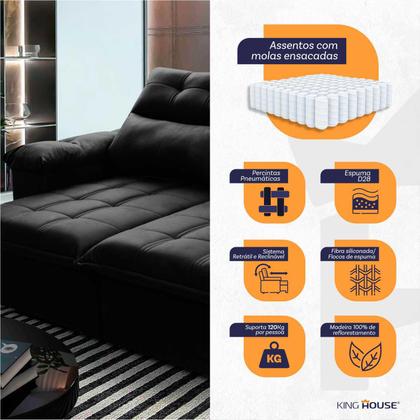 Imagem de Sofá Retrátil Reclinável Verona 2,00m Suede Velut Preto Molas Ensacadas - King House