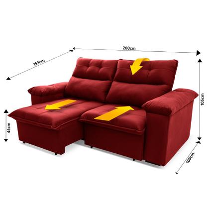Imagem de Sofá Retrátil/Reclinável Verona 2,00m Suede Velut Vermelho c/ Molas no Assento - King House