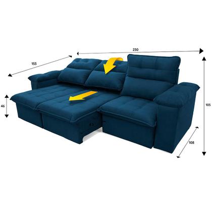 Imagem de Sofá Retrátil/Reclinável Verona 2,30m Suede Velut Azul Marinho c/ Molas no Assento - King House