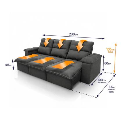Imagem de Sofá Retrátil/Reclinável Verona 2,30m Suede Velut Cinza c/ Molas Ensacadas - King House