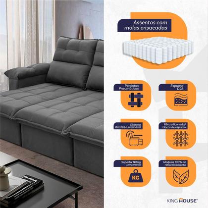 Imagem de Sofá Retrátil/Reclinável Verona 2,30m Suede Velut Cinza c/ Molas Ensacadas - King House