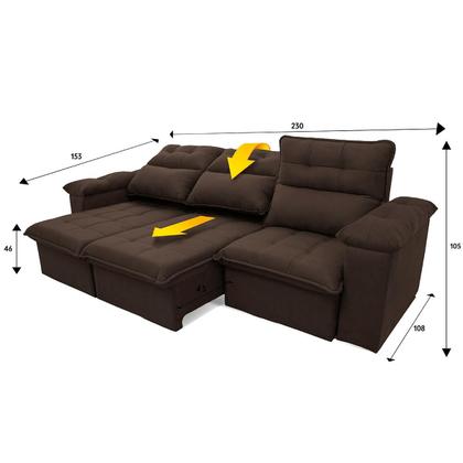 Imagem de Sofá Retrátil/Reclinável Verona 2,30m Suede Velut Marrom c/ Molas no Assento - King House