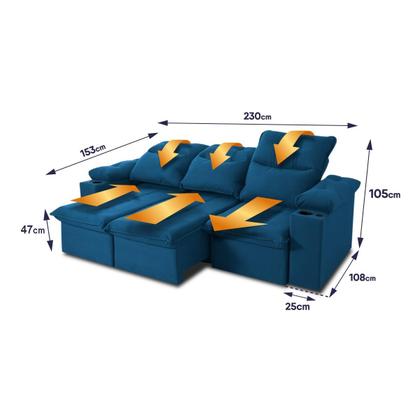 Imagem de Sofá Retrátil Reclinável Verona USB + Porta Copo 2,30m Suede Velut Azul c/ Molas no Assento - King House