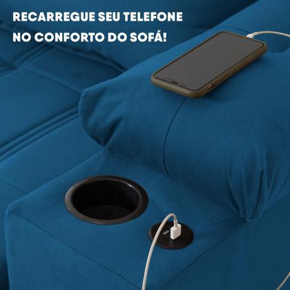 Imagem de Sofá Retrátil Reclinável Verona USB + Porta Copo 2,30m Suede Velut Azul c/ Molas no Assento - King House