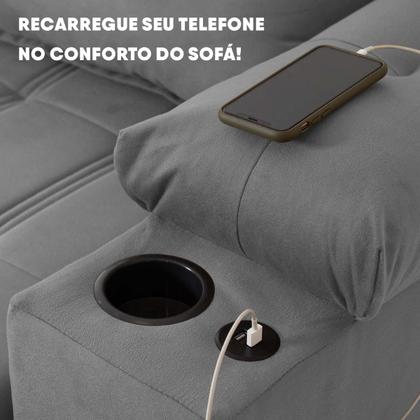 Imagem de Sofá Retrátil Reclinável Verona USB + Porta Copo 2,30m Suede Velut Cinza c/ Molas no Assento - King House