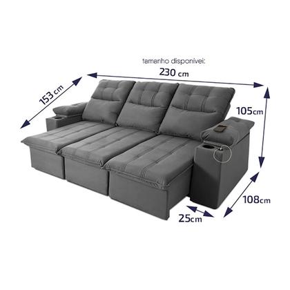 Imagem de Sofá Retrátil Reclinável Verona USB + Porta Copo 2,30m Suede Velut Cinza c/ Molas no Assento - King House