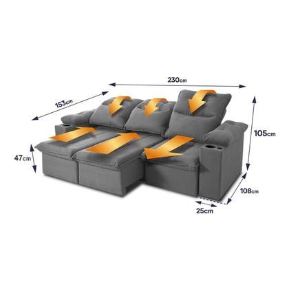 Imagem de Sofá Retrátil Reclinável Verona USB + Porta Copo 2,30m Suede Velut Cinza c/ Molas no Assento - King House