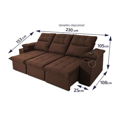 Imagem de Sofá Retrátil Reclinável Verona USB + Porta Copo 2,30m Suede Velut Marrom c/ Molas no Assento - King House