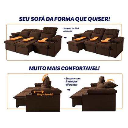 Imagem de Sofá Retrátil Reclinável Verona USB + Porta Copo 2,30m Suede Velut Marrom c/ Molas no Assento - King House