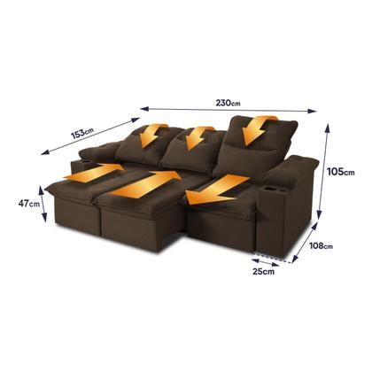 Imagem de Sofá Retrátil Reclinável Verona USB + Porta Copo 2,30m Suede Velut Marrom c/ Molas no Assento - King House