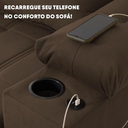 Imagem de Sofá Retrátil Reclinável Verona USB + Porta Copo 2,30m Suede Velut Marrom c/ Molas no Assento - King House