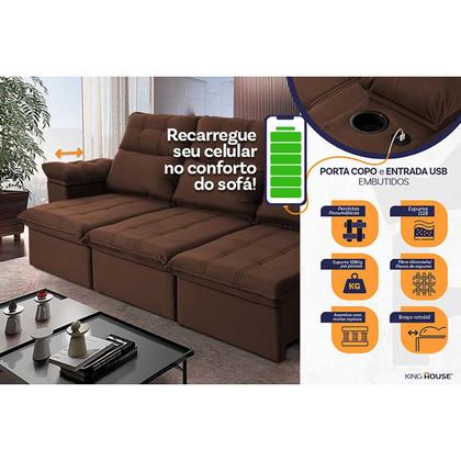 Imagem de Sofá Retrátil Reclinável Verona USB + Porta Copo 2,30m Suede Velut Marrom c/ Molas no Assento - King House