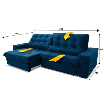Imagem de Sofá Retrátil/Reclinável Zurique 3,00m Suede Velut Azul Marinho c/ Molas no Assento - King House