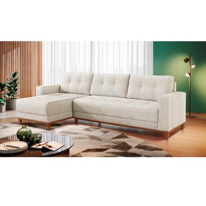 Imagem de Sofá Rondomóveis R815 Domi com Chaise em espuma D33 no assento 4 Lugares pés madeira maciça bege