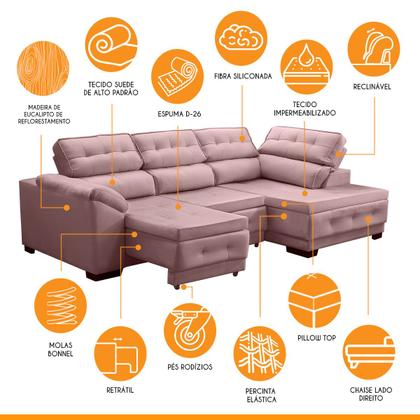 Imagem de Sofá Rosa de Canto Chaise Impermeabilizado 5 Lugares Retrátil 250 x 150 Cm Luiza Suede - SóSofá